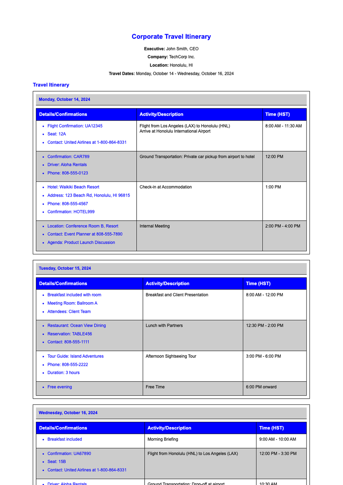 Detailed corporate travel itinerary template with schedule and contact info_variant_3